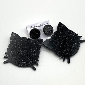 Cat Earrings Black and Silver Glitter Acrylic Laser Cut Dangle Post Earrings